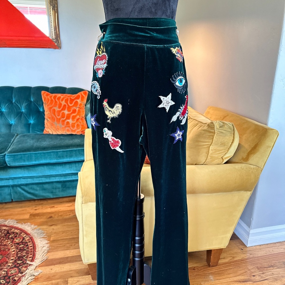 Embroidered Velvet Pants with Colorful Patches